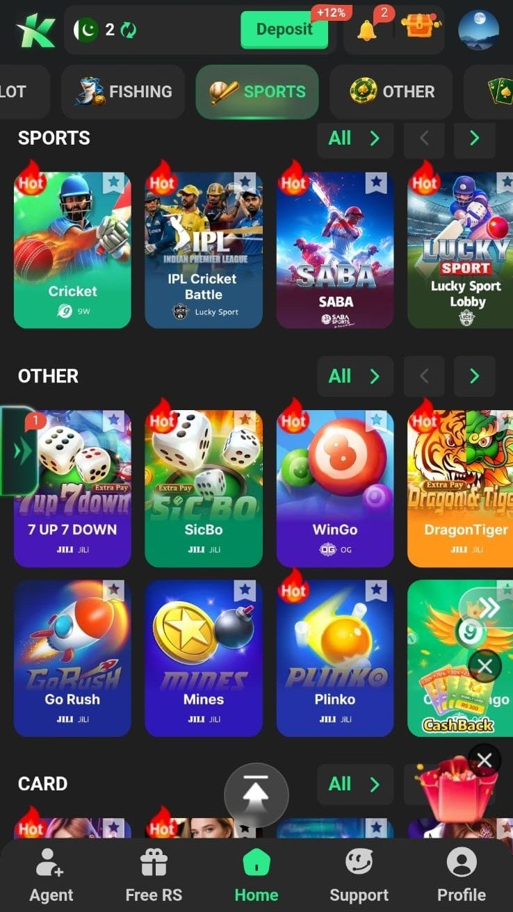 K1 app home screen — K1 game apk with slots, live games and bonuses